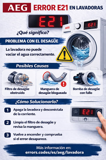 infografía de cómo arreglar el error e21 en lavadoras AEG