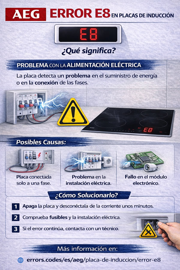 infografía para solucionar el error e8 en placas de inducción de AEG