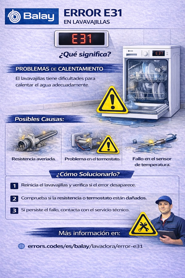 infografía del error e31 de lavavajillas Balay