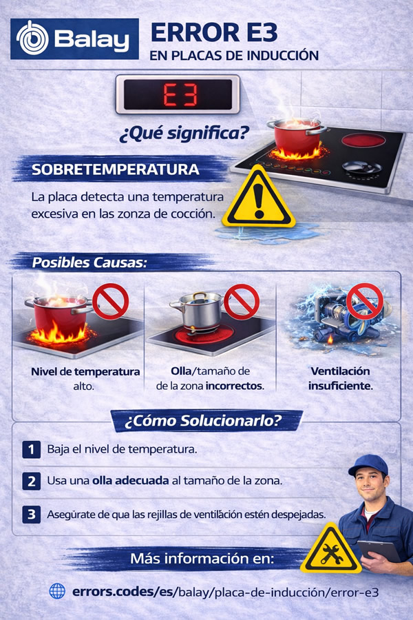 infografía del error e3 de placa de inducción Balay