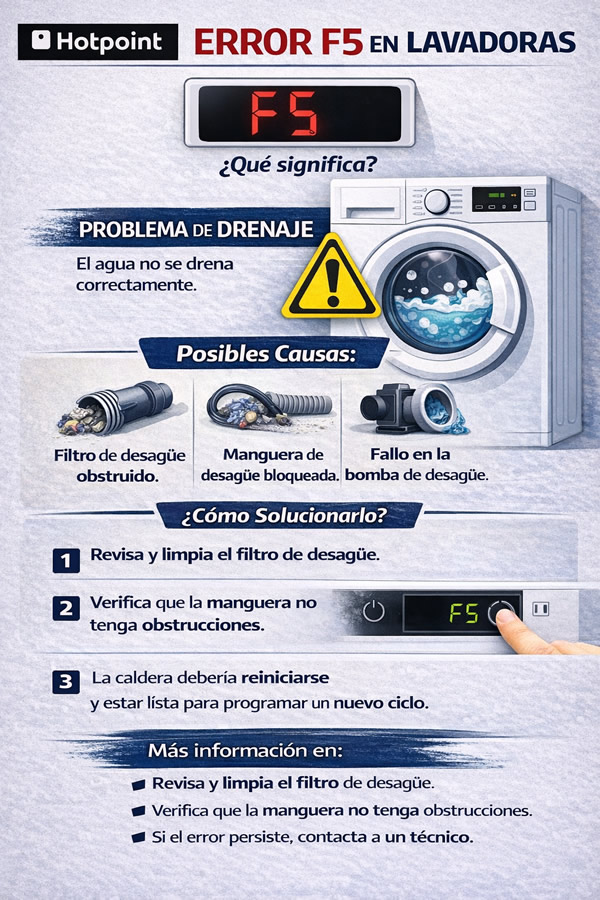 infografía de cómo arreglar el error f5 de las lavadoras Hotpoint